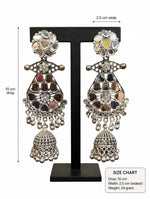 Mirror Muse silver-tone jhumka earrings size guide showing a 10 cm drop, 2.5 cm maximum width and 24 g pair weight
