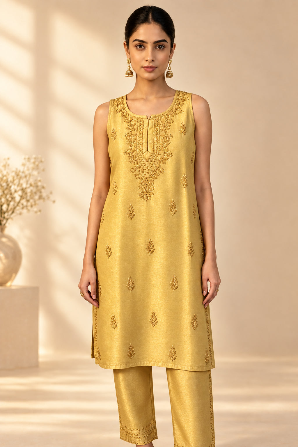 model is wearing gold chanderi silk 2pc dress with matching straight trousers