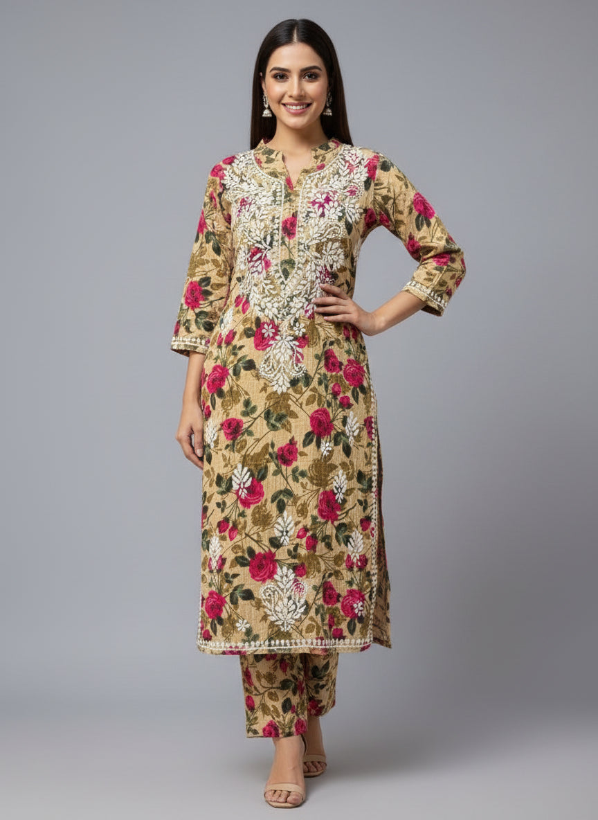 model is wearing this 2PC dress of Brown colour all over print Mulmul fabricwith white thread chikankari embroidery long kurti and trousers. Please keep the dress same as original don't make any changes in the design.