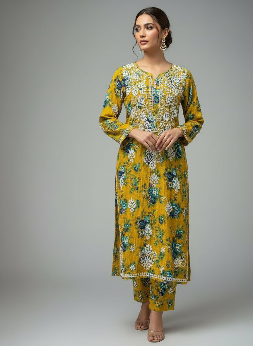 model is wearing this 2PC dress of Mustard colour all over print Mulmul fabricwith white thread chikankari embroidery long kurti and trousers. Please keep the dress same as original don't make any changes in the design.
