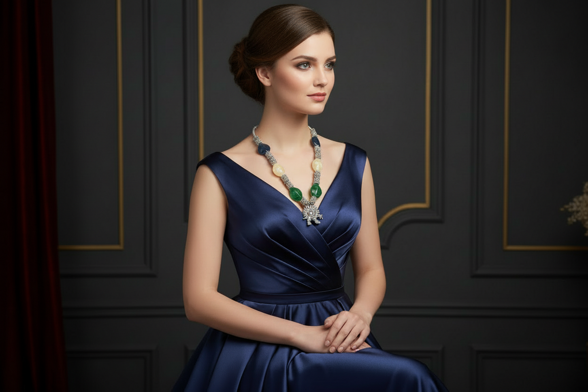 model is wearing this dress and the jewellery set is focused