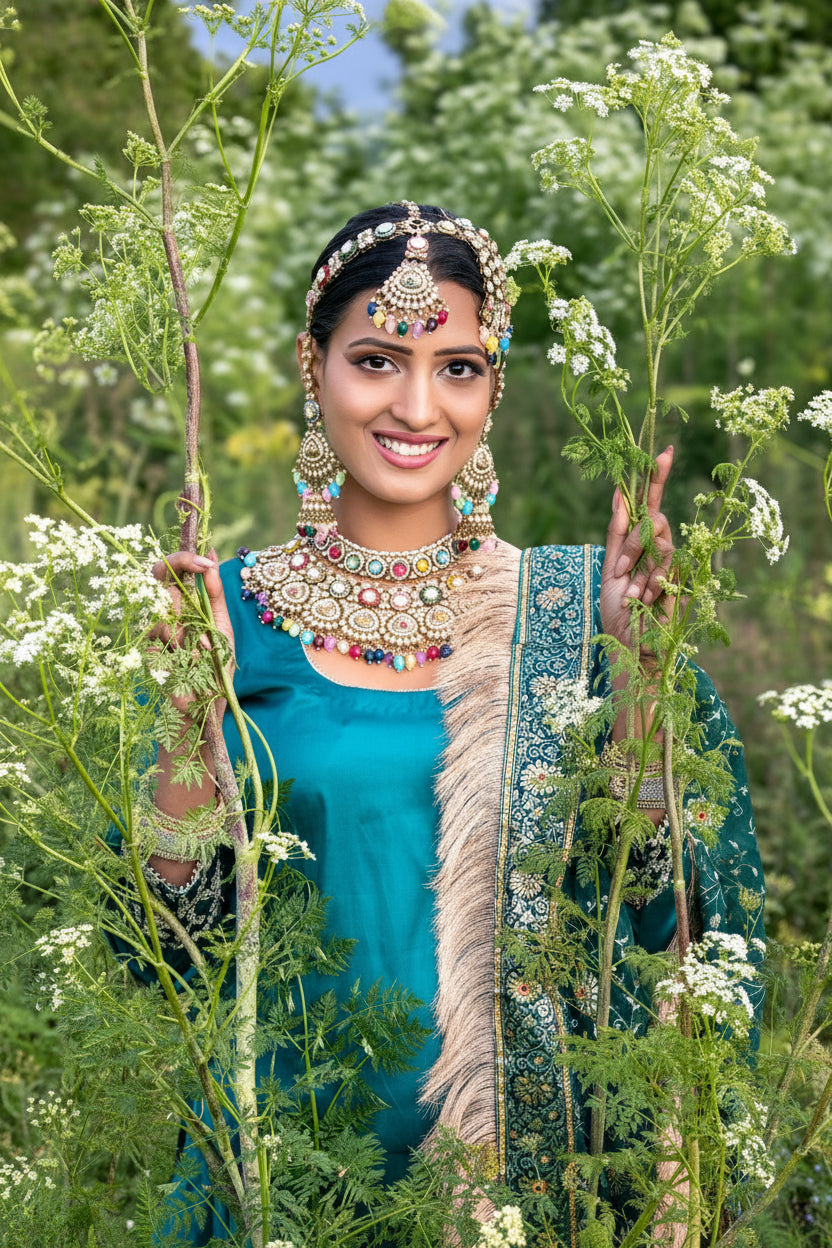 Multicolour bridal jewellery set with Polki stones