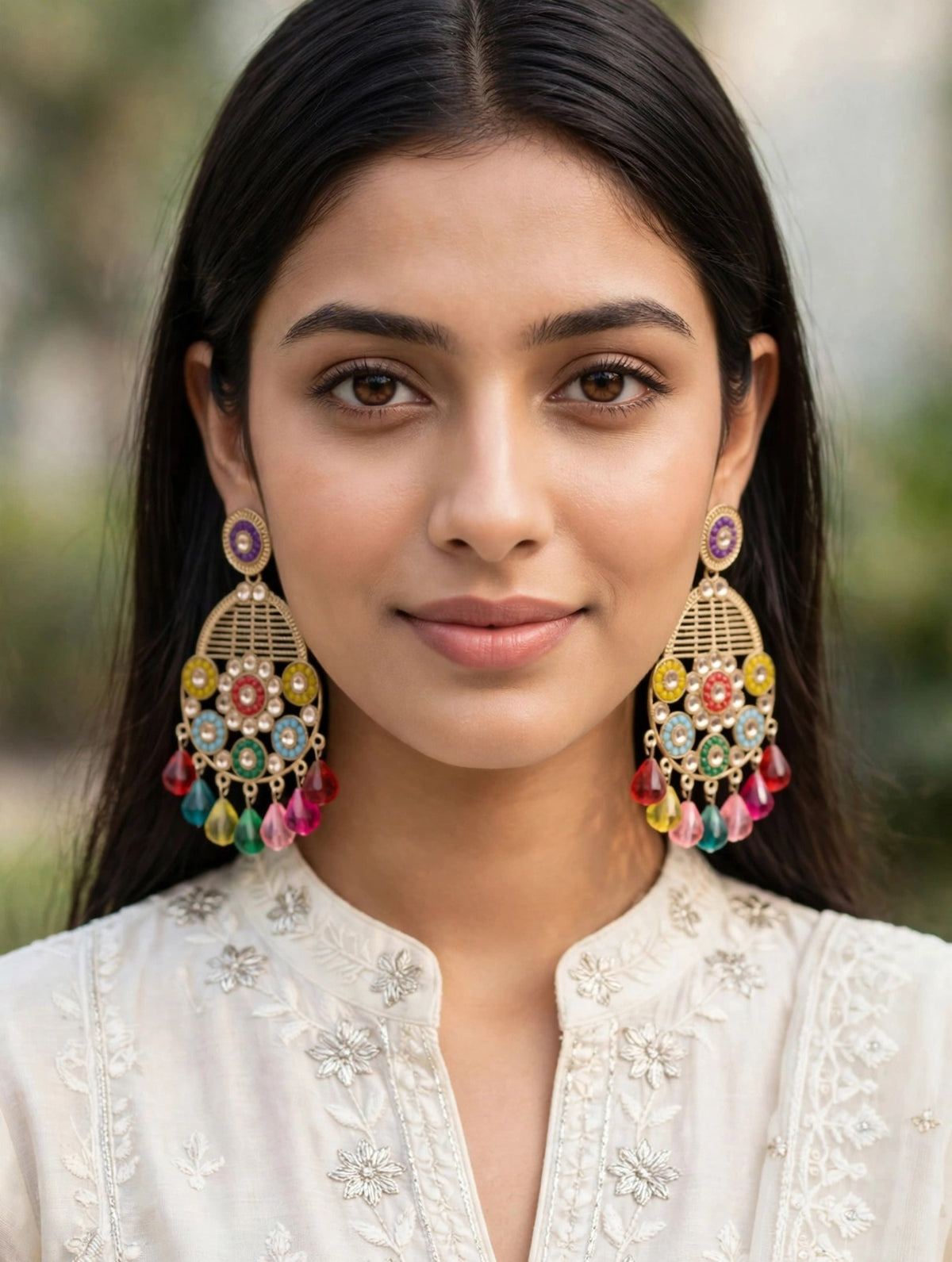 Model wearing multicolour floral teardrop earrings in antique gold tone with colourful dangling drops.