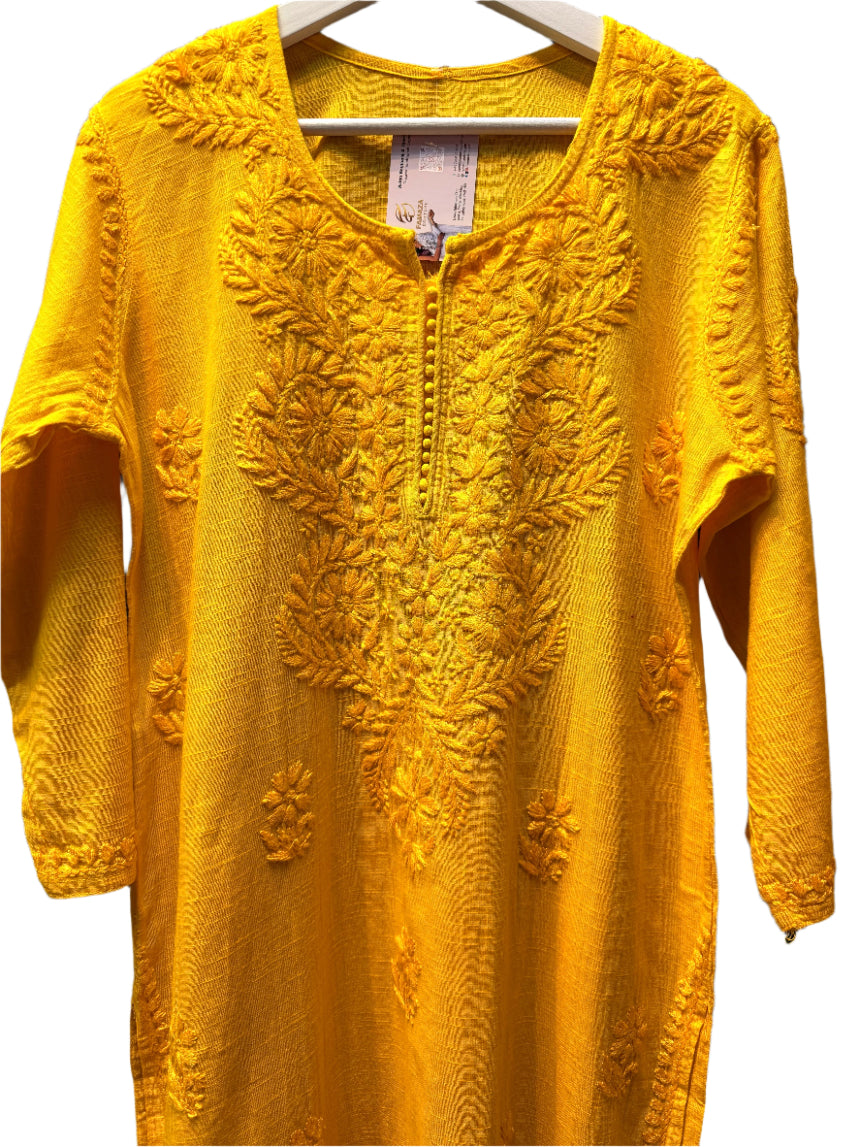 mustard chikankari khadi kurti front top close up view