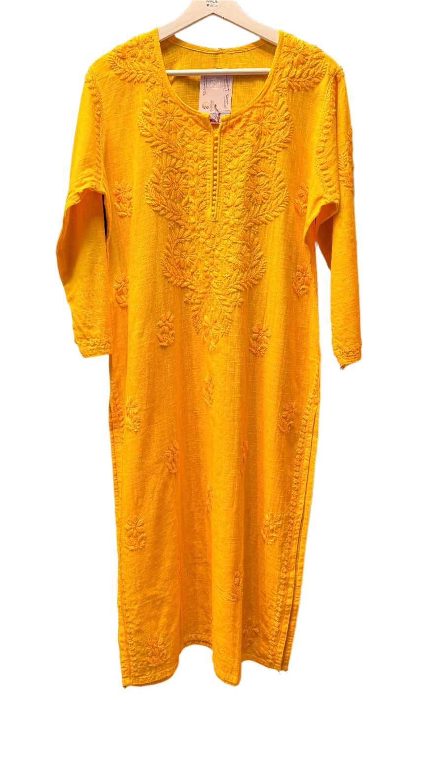 mustard chikankari khadi kurti front view