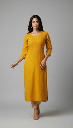 mustard chikankari khadi kurti front view