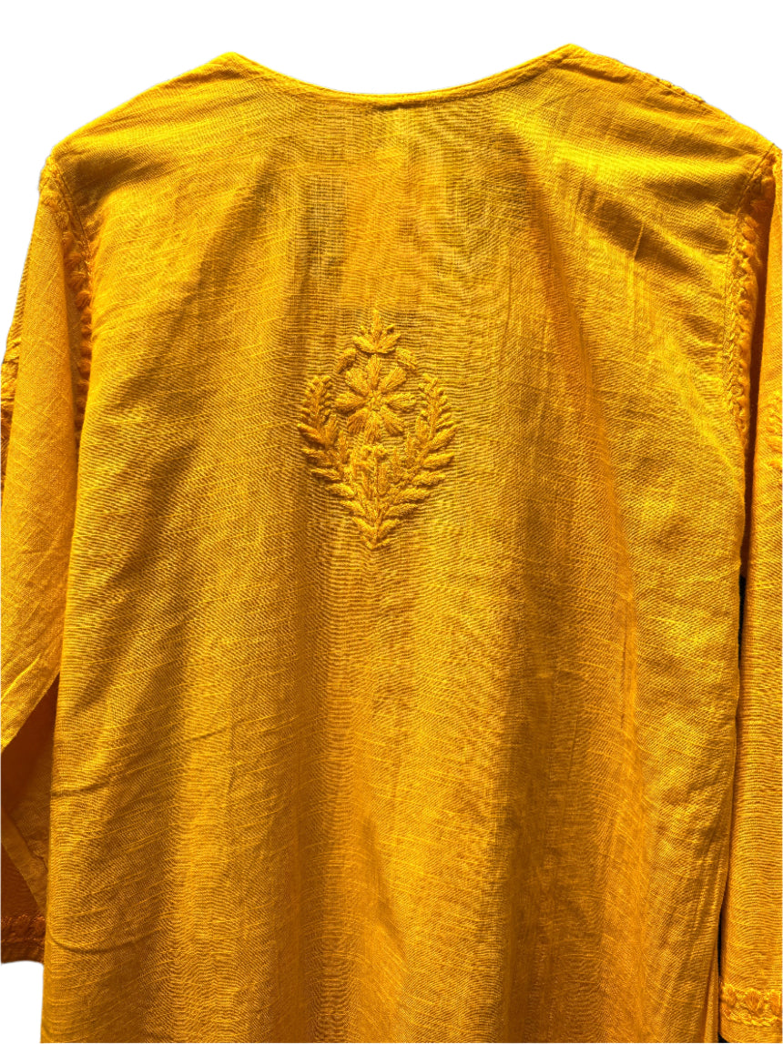 mustard chikankari khadi kurti rear top close up view
