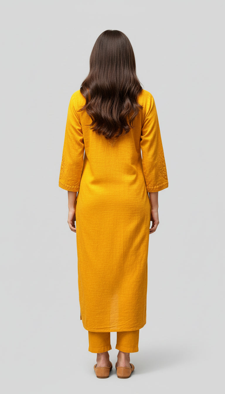 mustard chikankari khadi kurti rear view