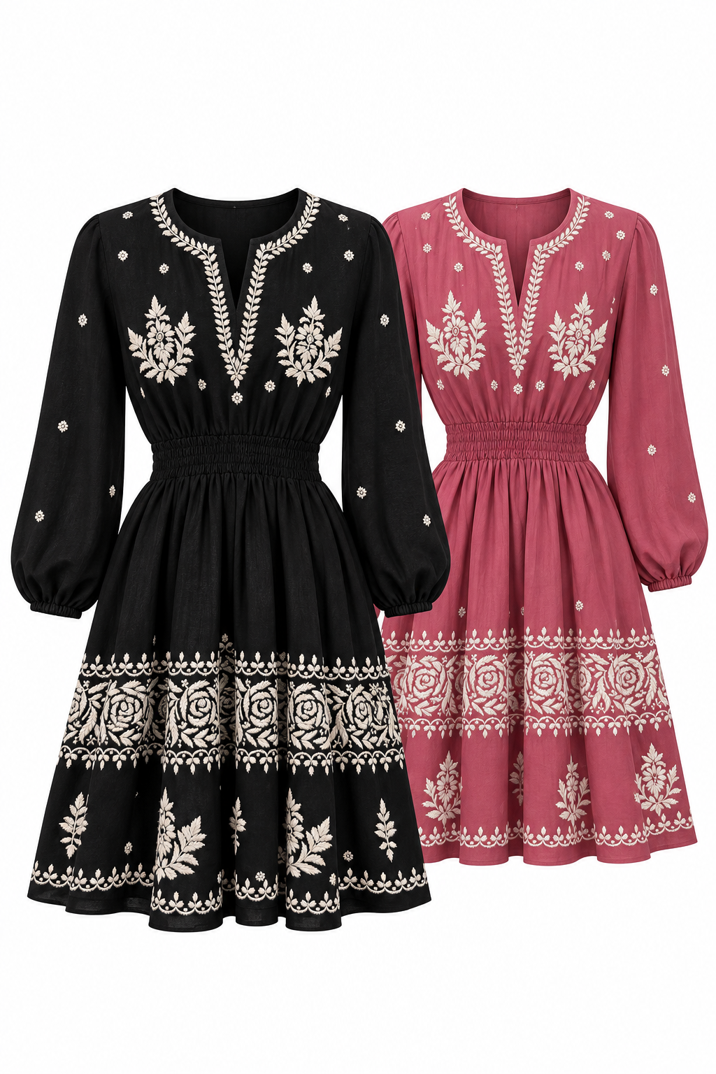 Two long-sleeve embroidered dresses shown on a plain white background, one in black and one in dusty rose. Both have white floral embroidery around the neckline, bodice, and hem, with a smocked waist and gathered sleeves.