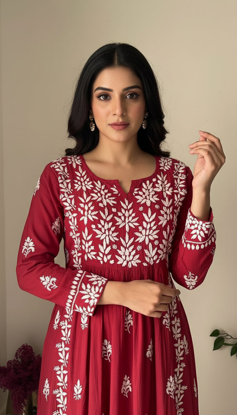 maroon naira cut chikankari kurti close up of emroidery
