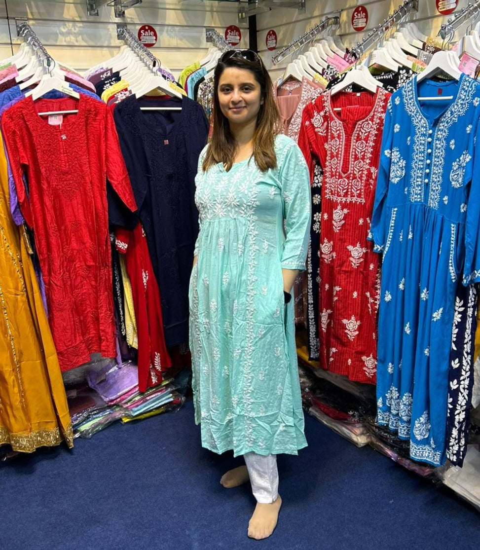 Happy customer wearing Naira cut Chikankari kurti top