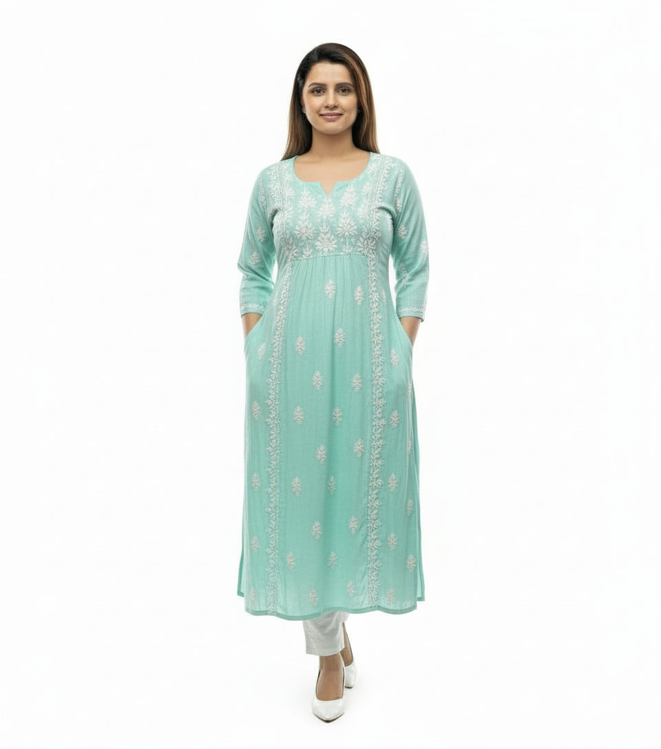 Naira cut Chikankari long kurti top, turquoise with embroidery