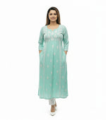 Naira cut Chikankari long kurti top, turquoise with embroidery
