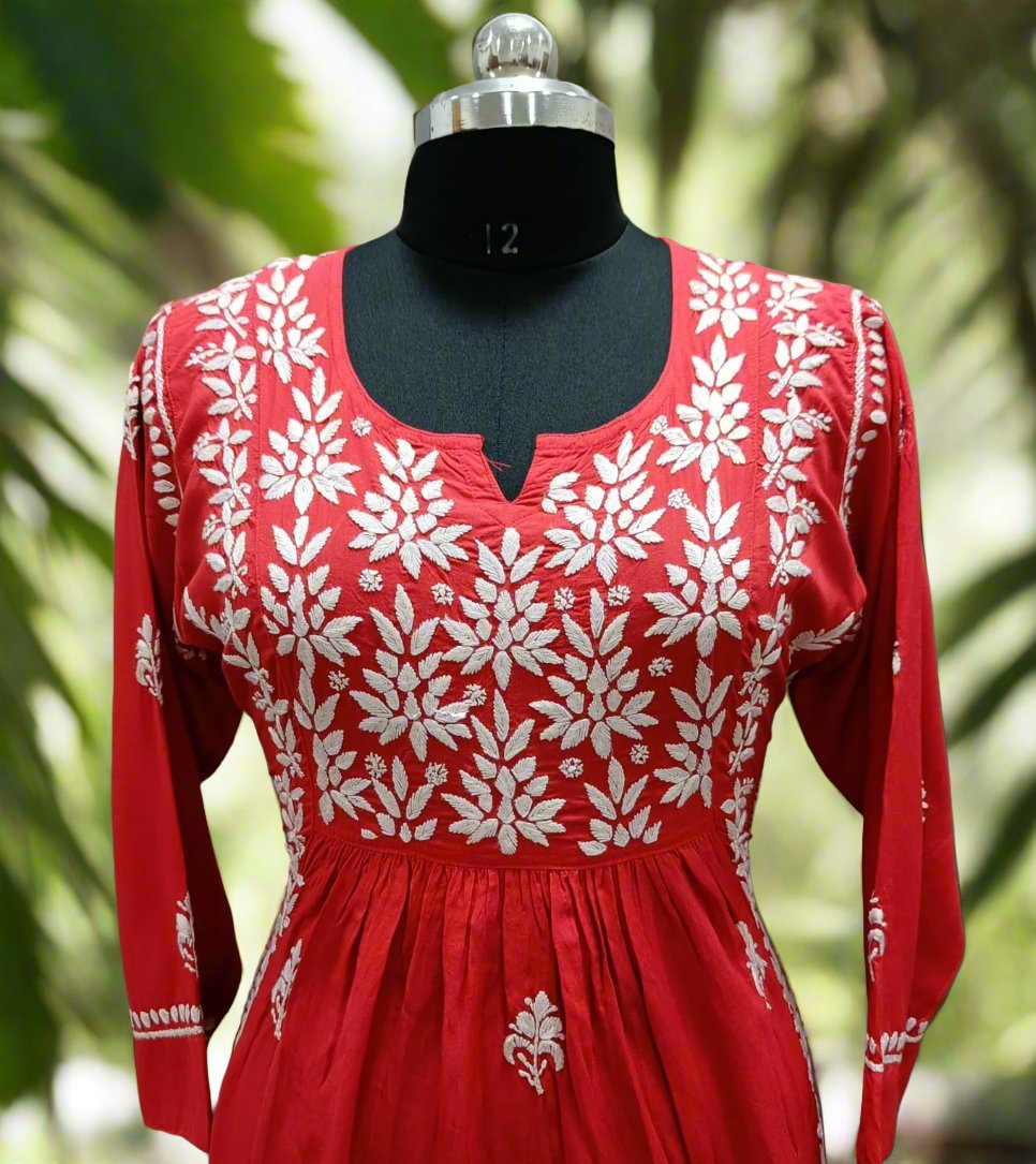 Naira cut Chikankari kurti top, close up of embroidery