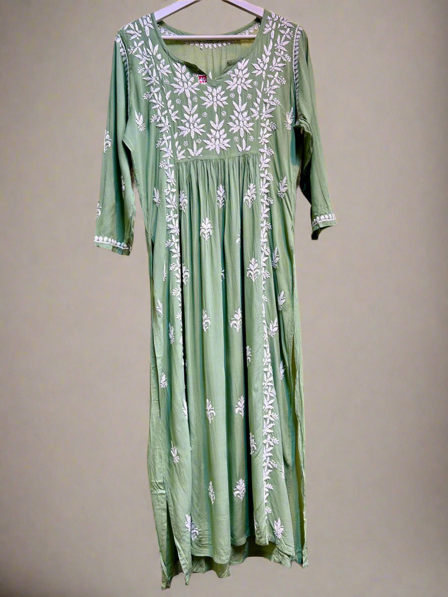 Naira cut Chikankari kurti top, green with embroidery