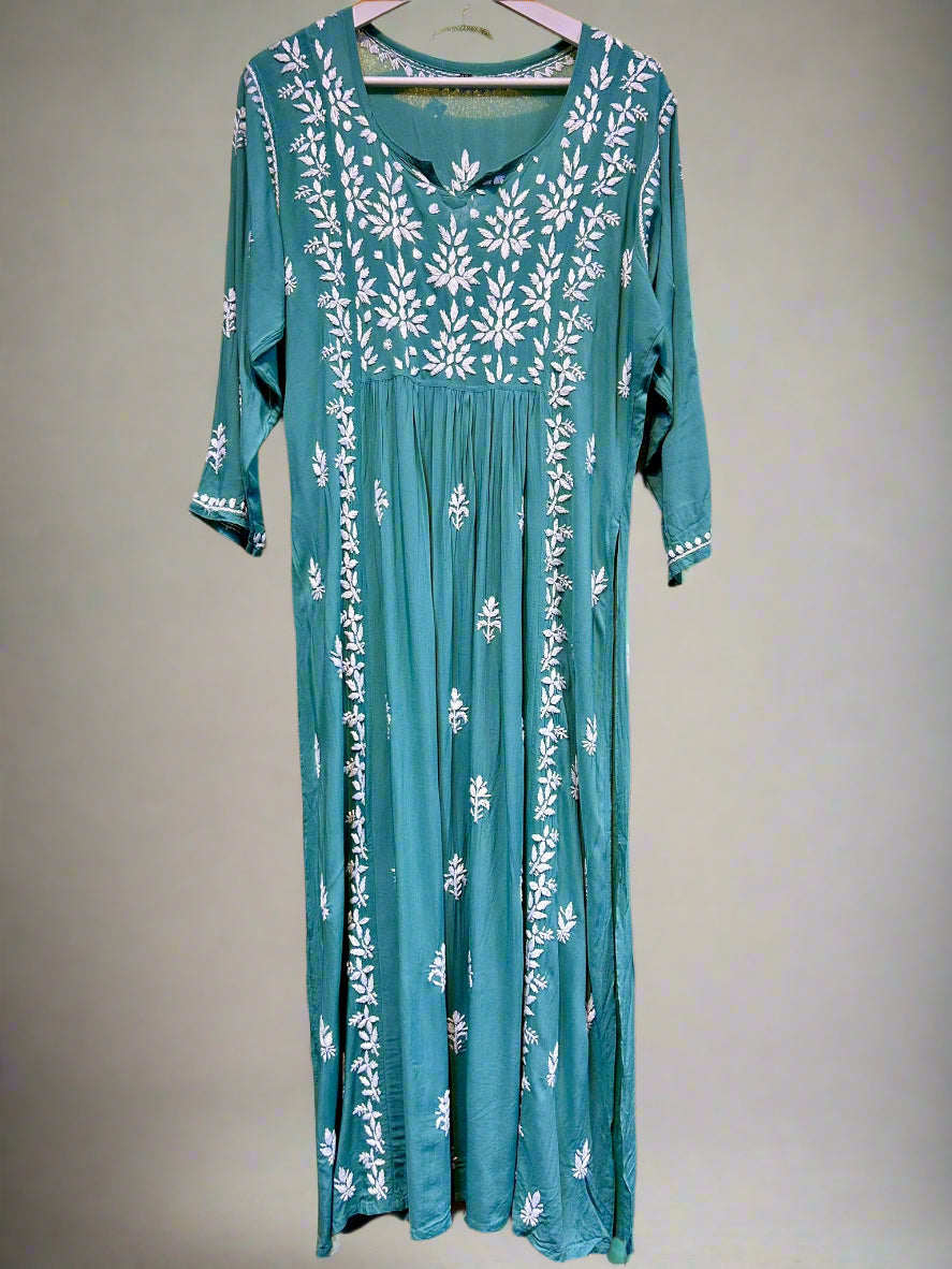 Naira cut Chikankari kurti top, green with embroidery