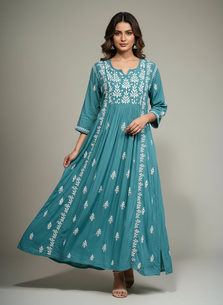Naira cut Chikankari kurti top, green with embroidery