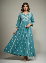 Naira cut Chikankari kurti top, green with embroidery