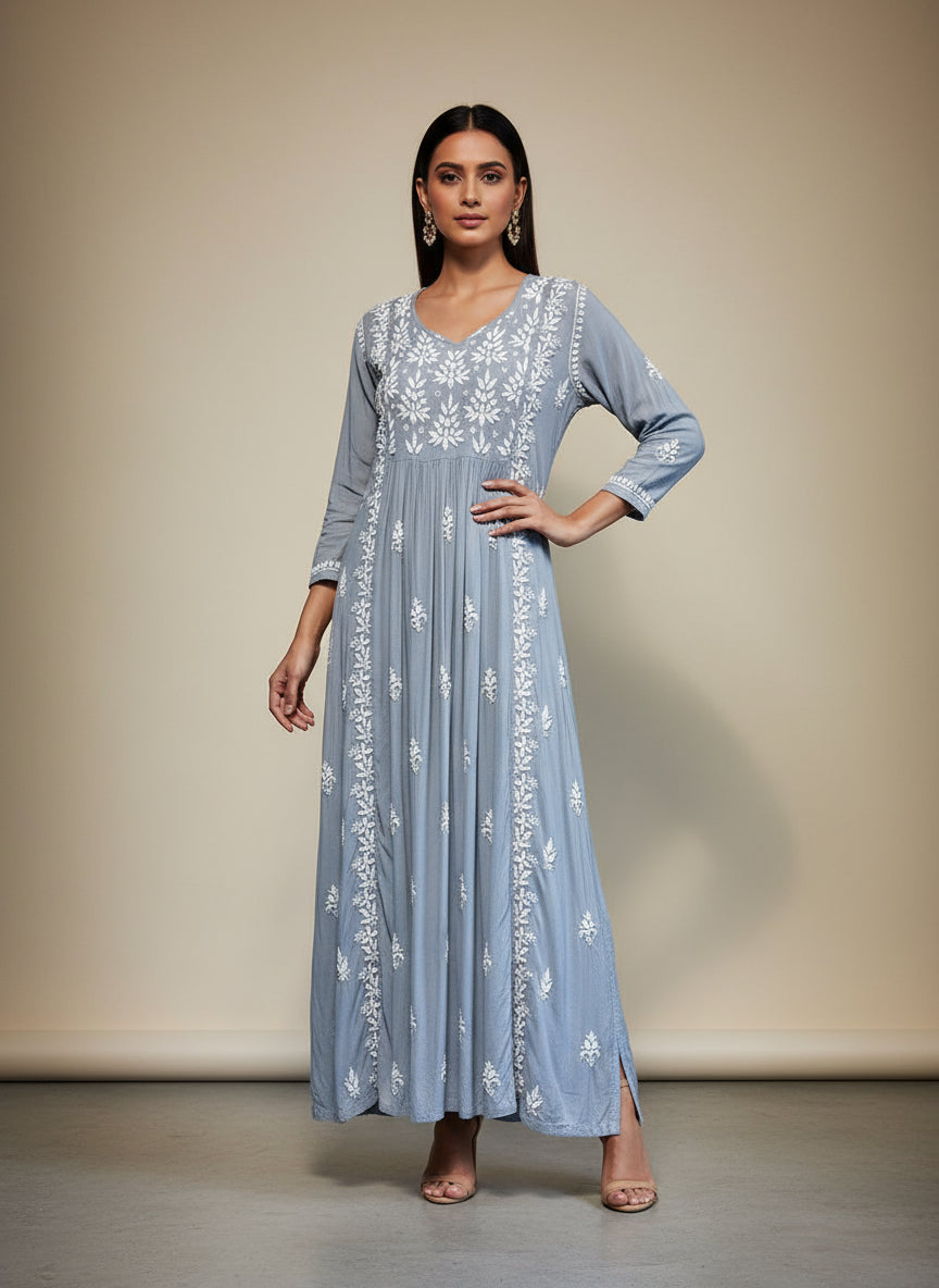 Naira cut Chikankari kurti top, grey with embroidery
