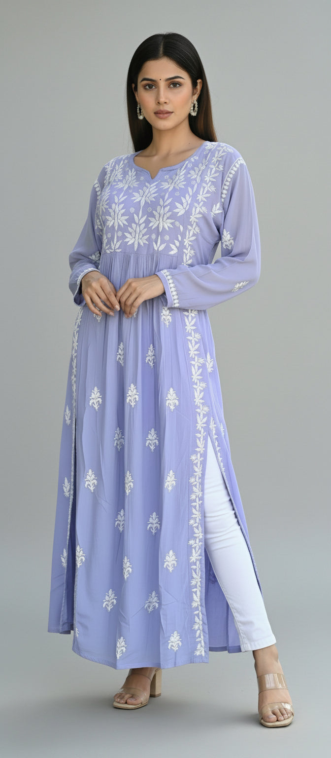 lavender Naira cut Chikankari long dress, with embroidery