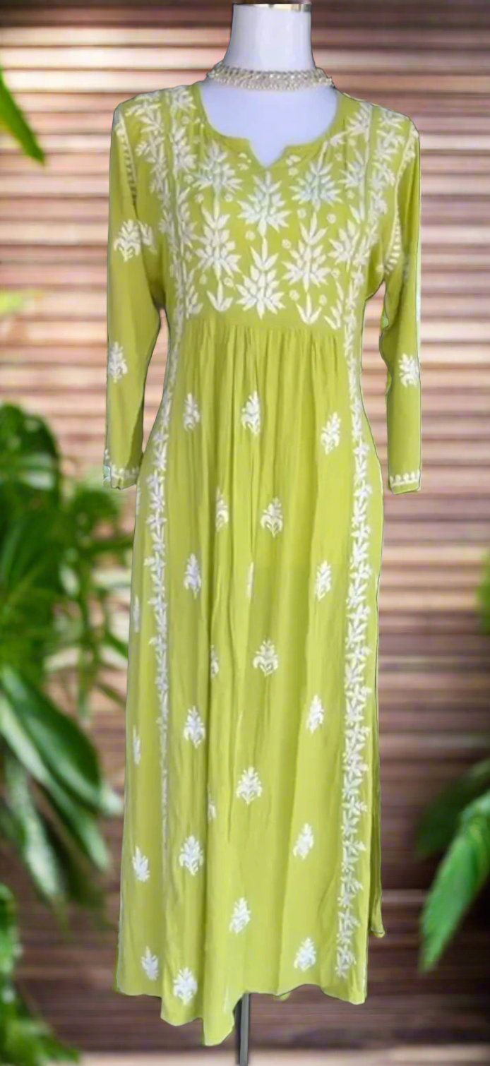Naira cut Chikankari kurti top, lime green with embroidery