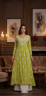 apple green Naira cut Chikankari long dress with high slits on both sides, lime green with embroidery