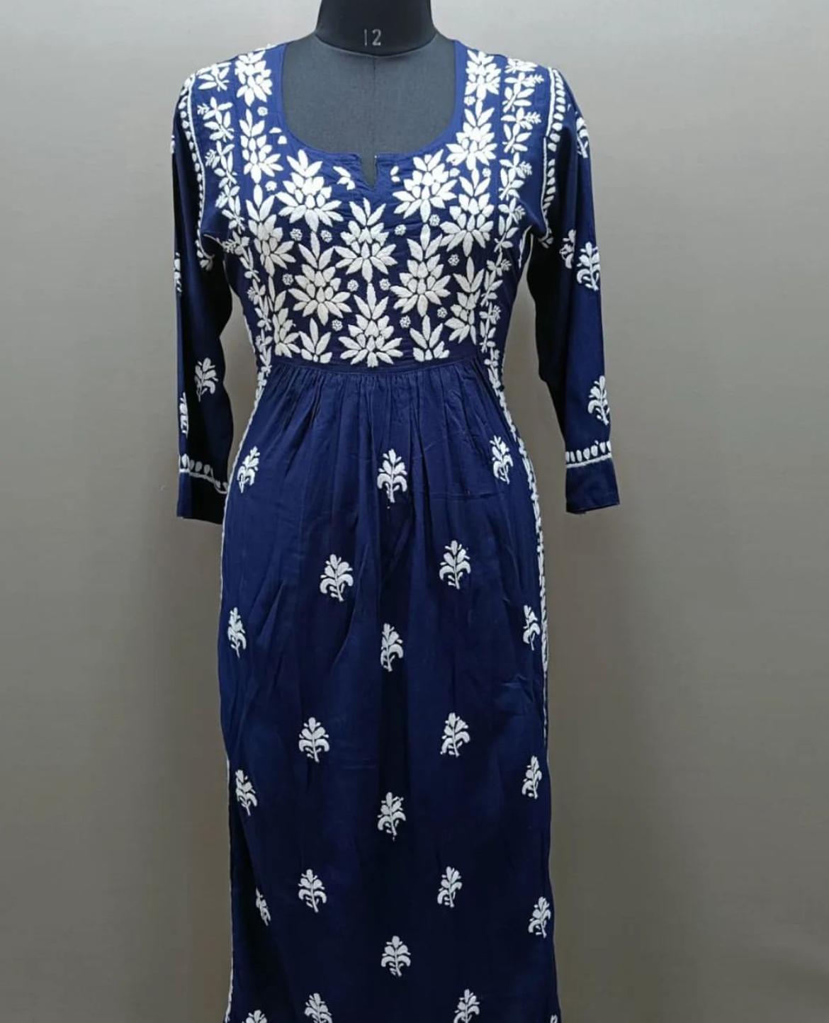 naira cut chikankari navy blue with embroidery