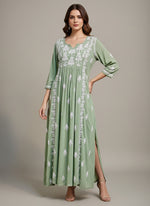 Naira cut Chikankari kurti top, olive green with embroidery
