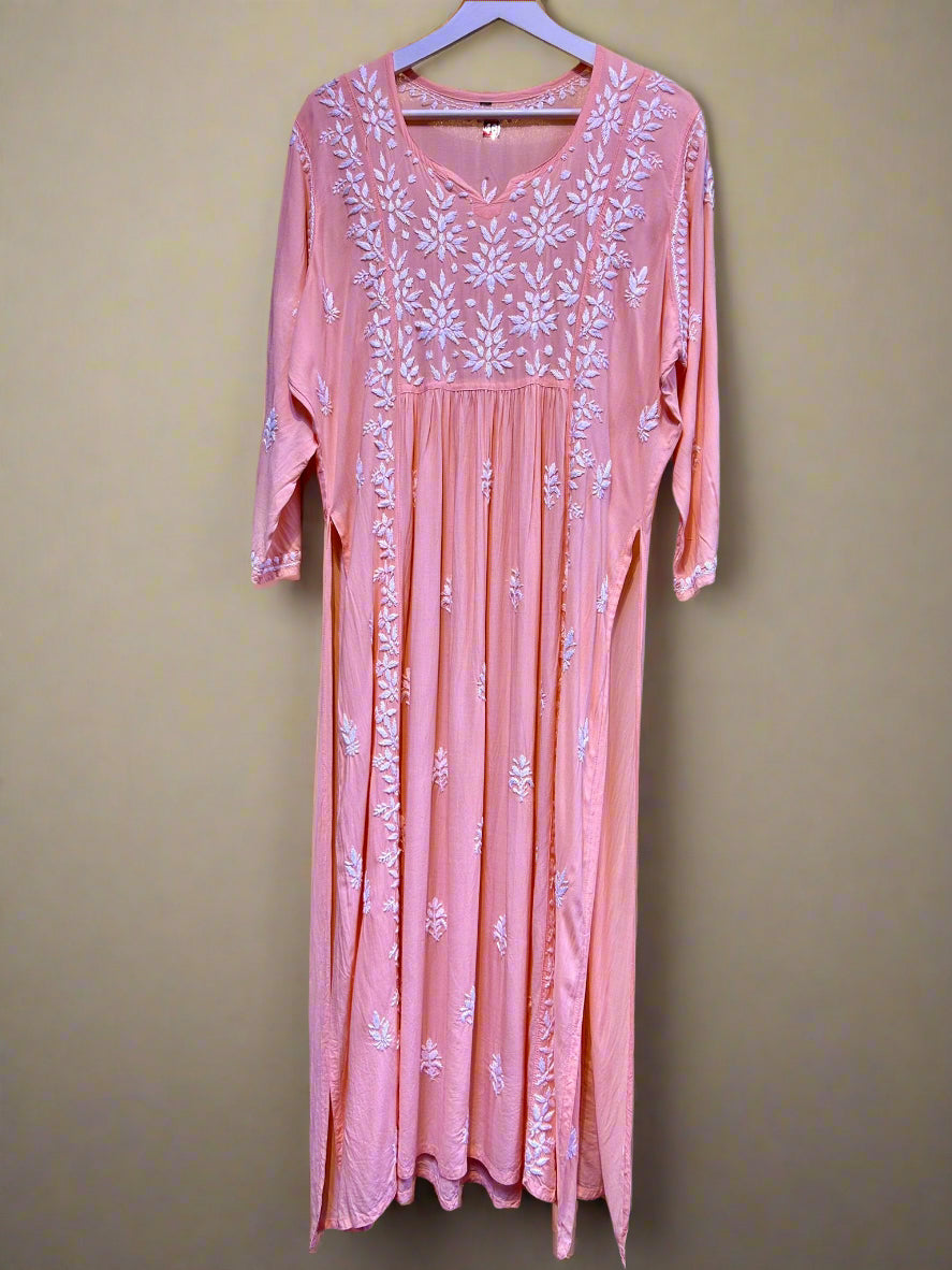 Naira cut Chikankari kurti top, peach with embroidery