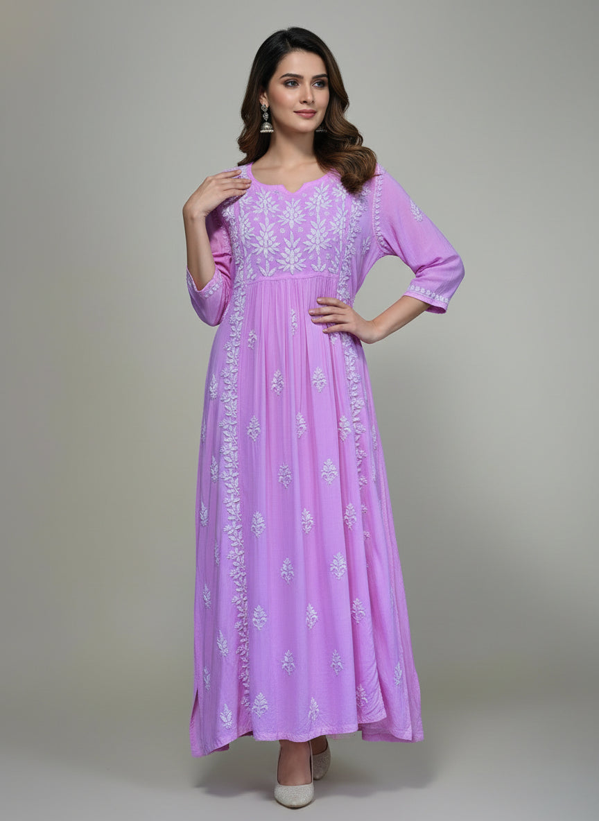 Naira cut Chikankari kurti top, pink with embroidery