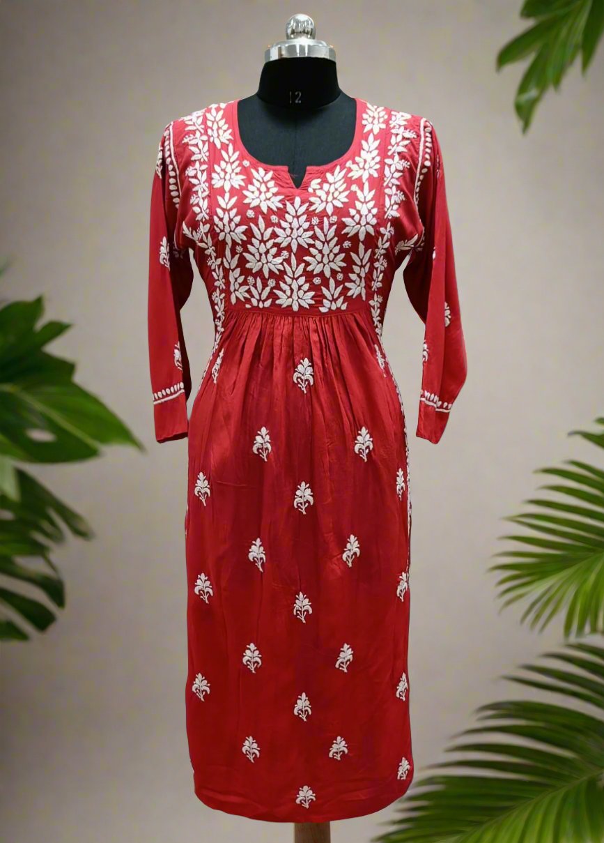 Naira cut Chikankari kurti top, red with embroidery