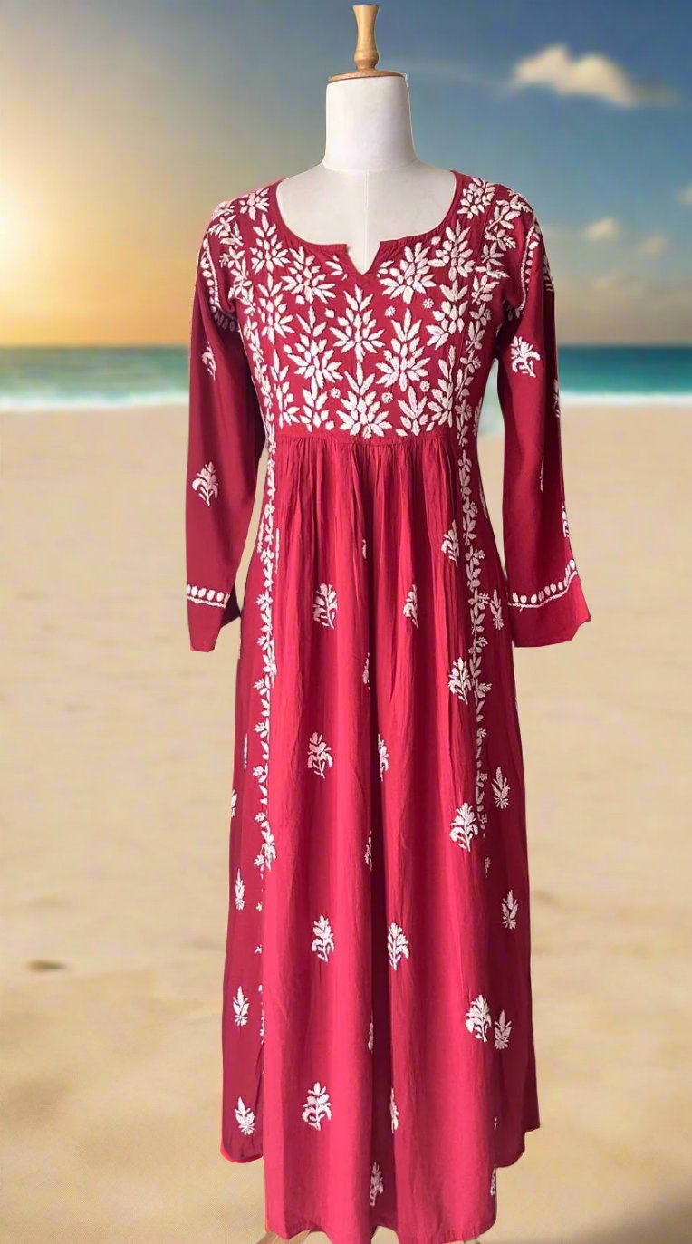 Naira cut Chikankari kurti top, red with embroidery