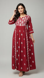 Naira cut Chikankari long kurti top, red with embroidery