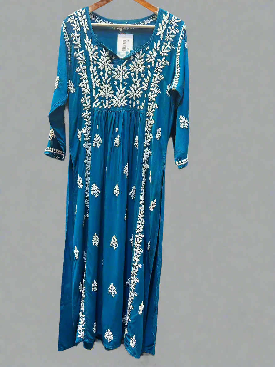 Naira cut Chikankari kurti top, teal with embroidery