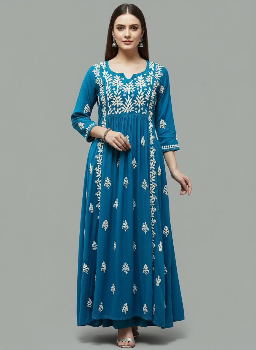 Naira cut Chikankari kurti top, teal with embroidery