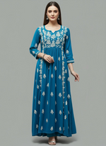 Naira cut Chikankari kurti top, teal with embroidery