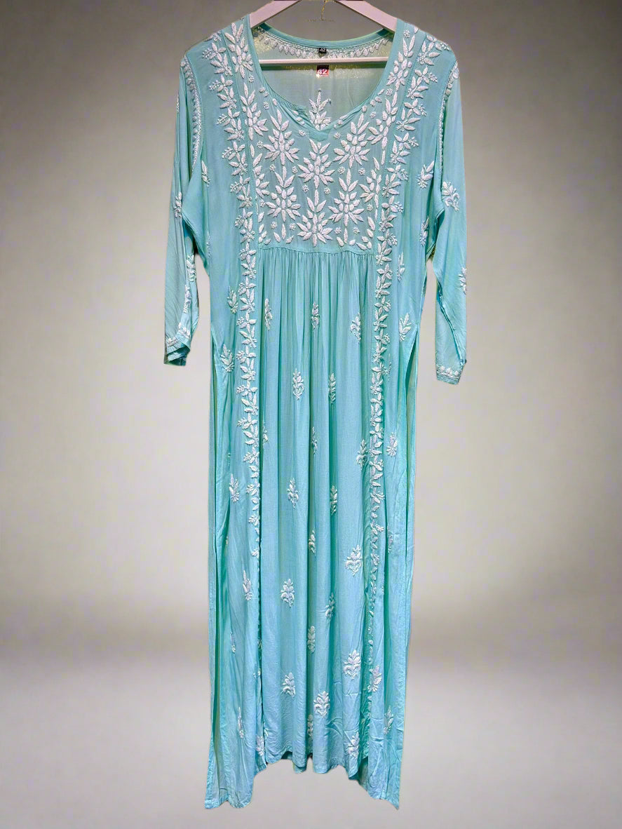 Naira cut Chikankari kurti top, turquoise with embroidery