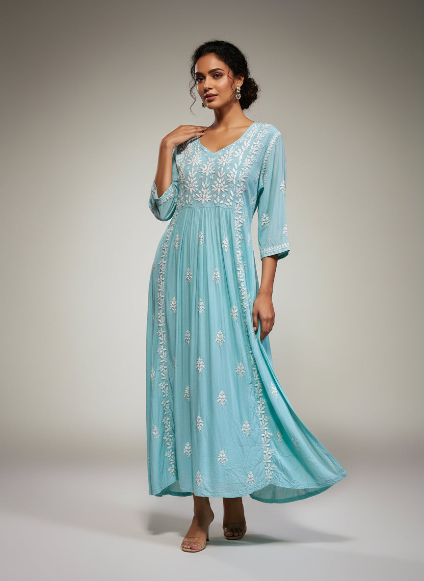 Naira cut Chikankari kurti top, turquoise with embroidery