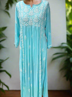 Naira cut Chikankari kurti top, turquoise with embroidery