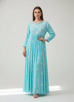 Naira cut Chikankari long kurti top, sky blue with embroidery