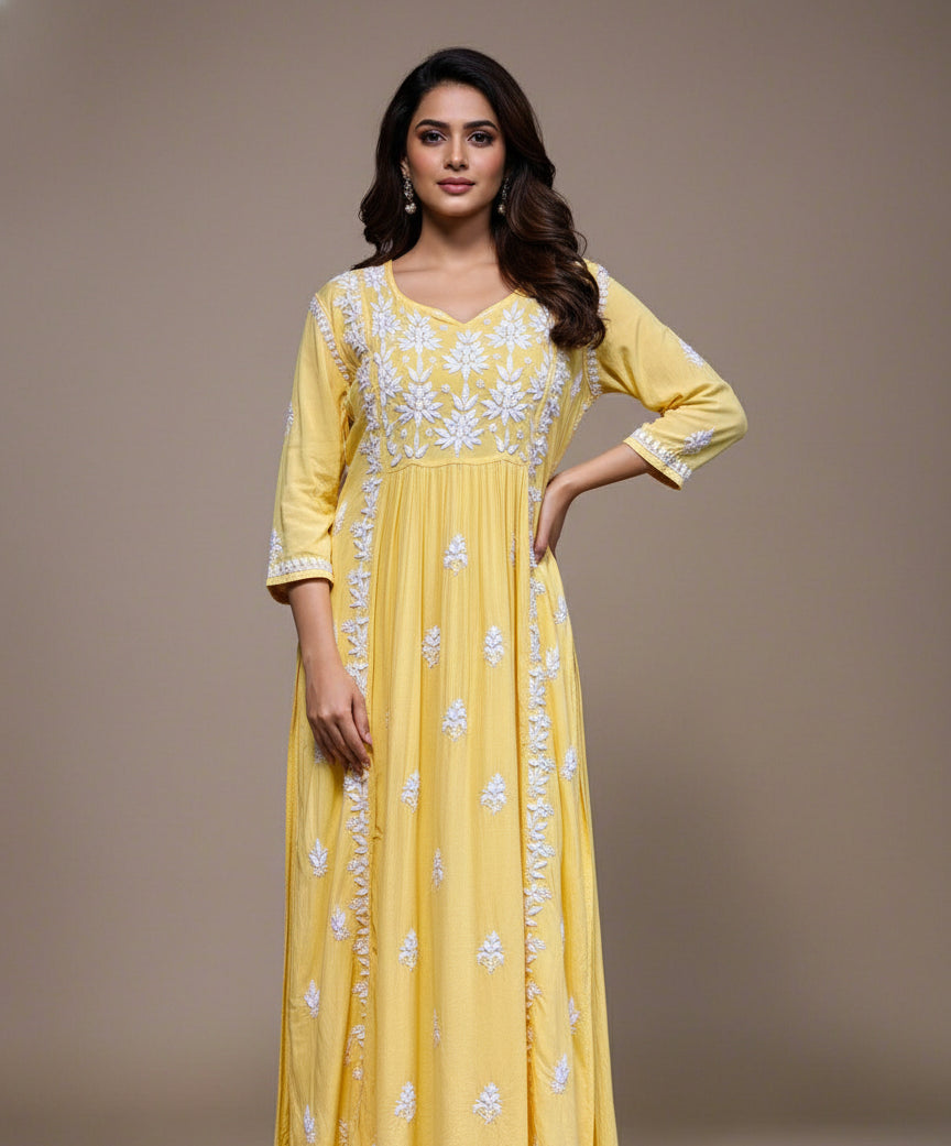 Naira cut Chikankari kurti top, yellow with embroidery