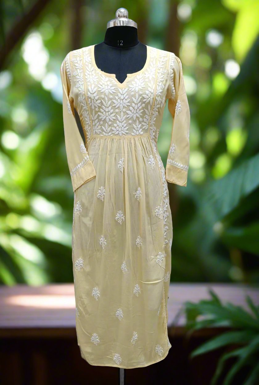 Naira cut Chikankari kurti top, yellow with embroidery