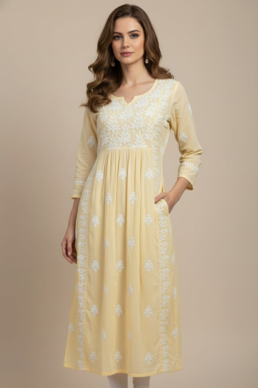 Naira cut Chikankari kurti top, yellow with embroidery