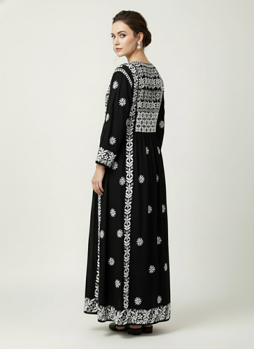 black naira gown long dress chikankari kurtitop with elegant embroidery black rear view