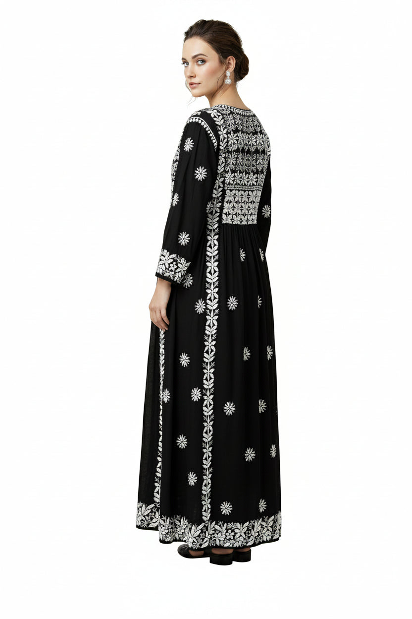 black naira gown long dress chikankari kurtitop with elegant embroidery black rear view