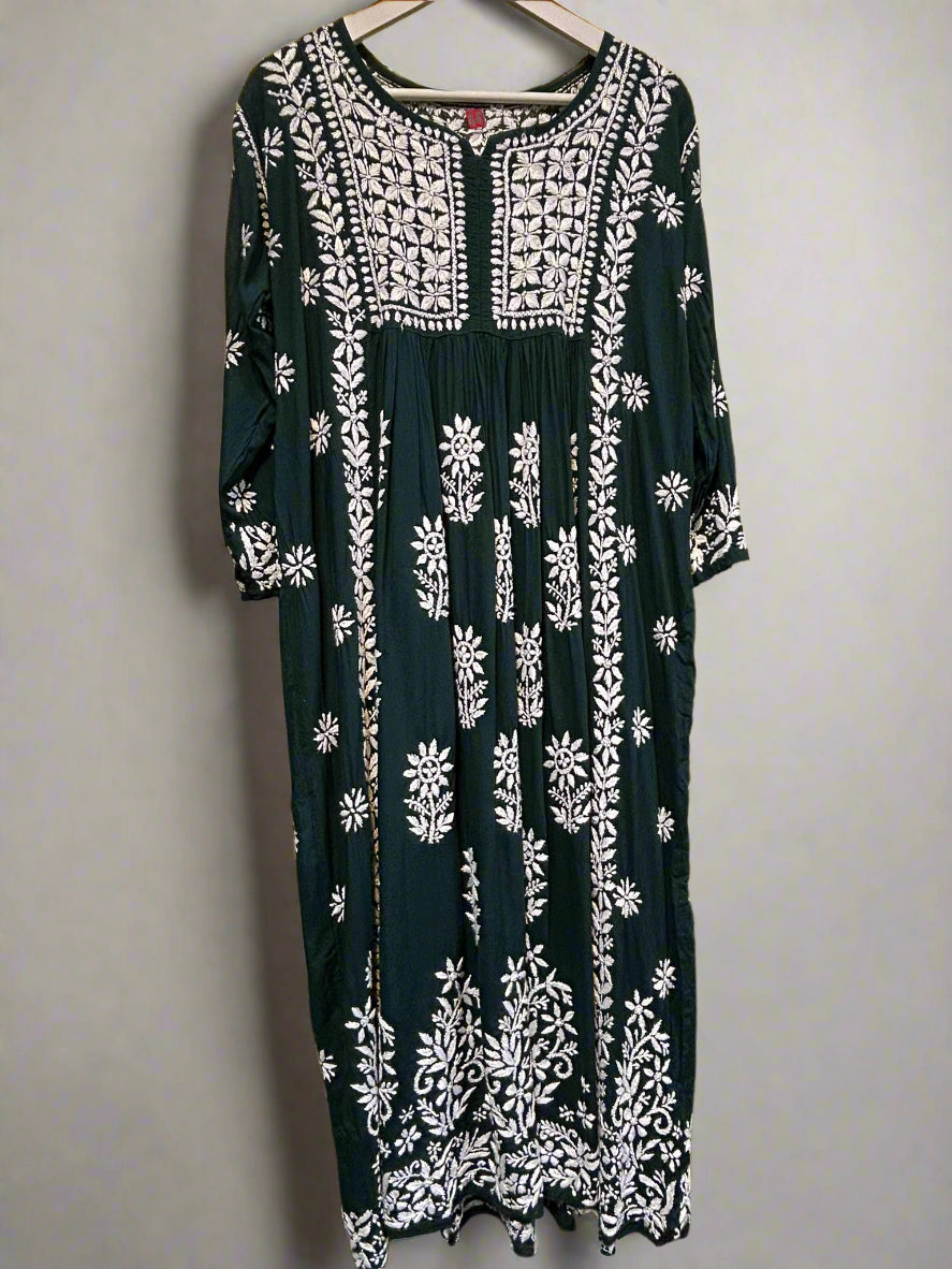 naira cut gown style chikankari kurtitop with elegant embroidery bottle green