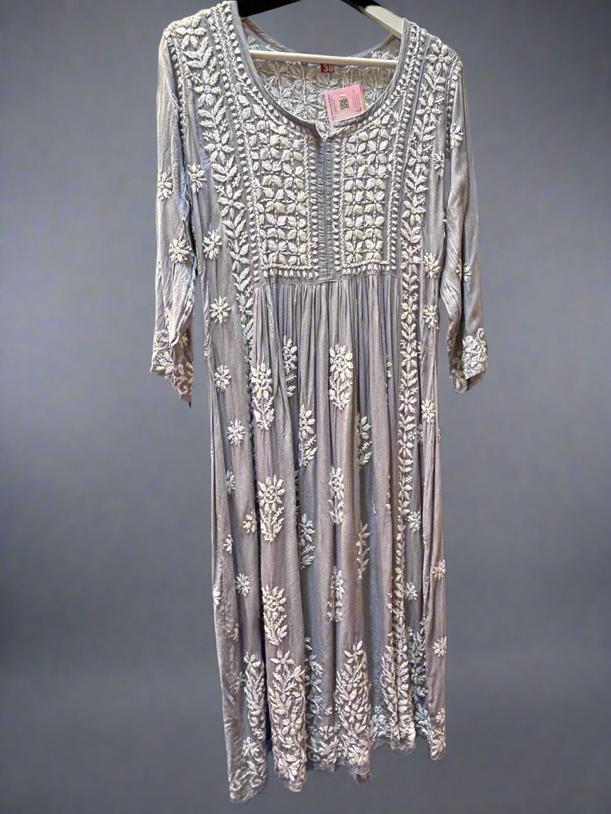 naira cut gown style chikankari kurtitop with elegant embroidery grey