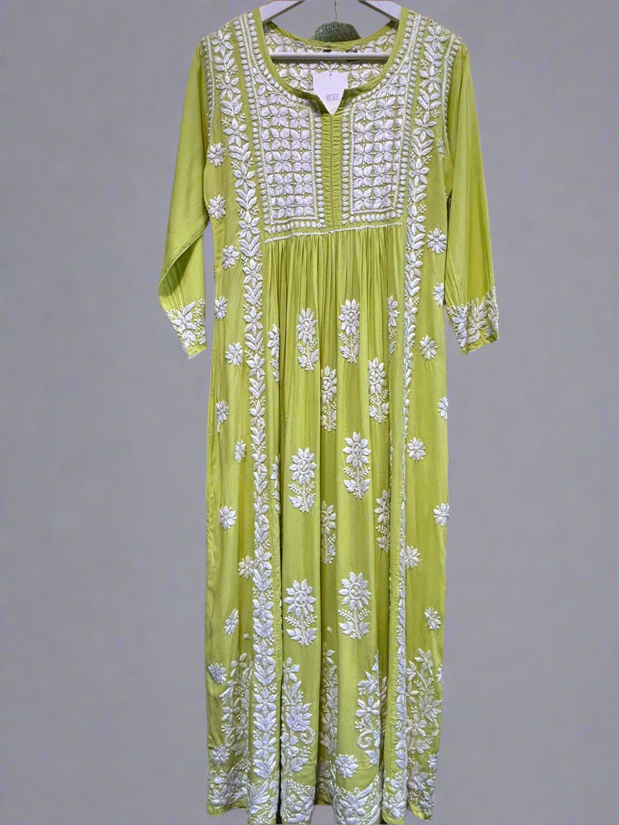 naira cut gown style chikankari kurti top with elegant embroidery lime green