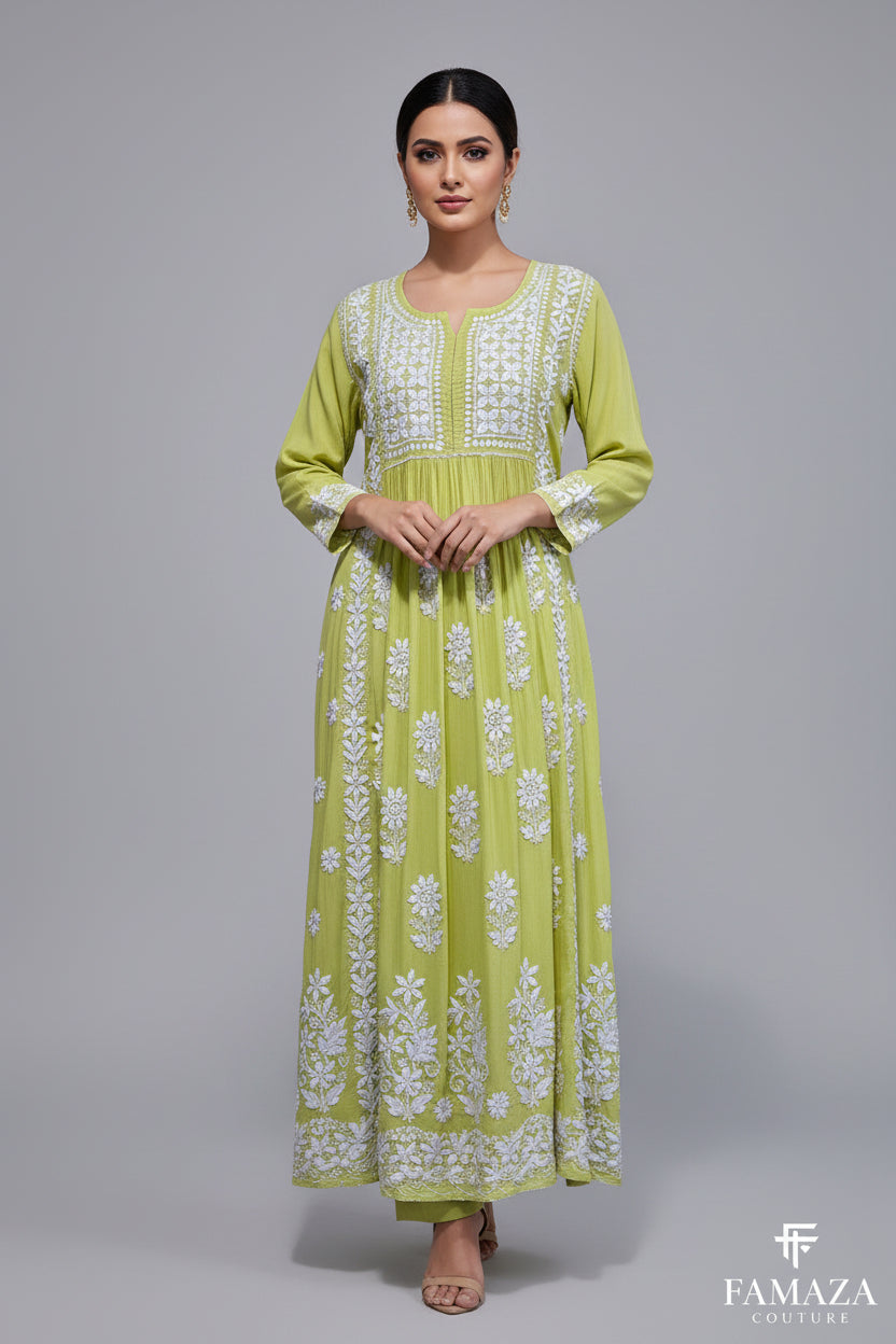 naira cut gown style chikankari kurti top with elegant embroidery lime green