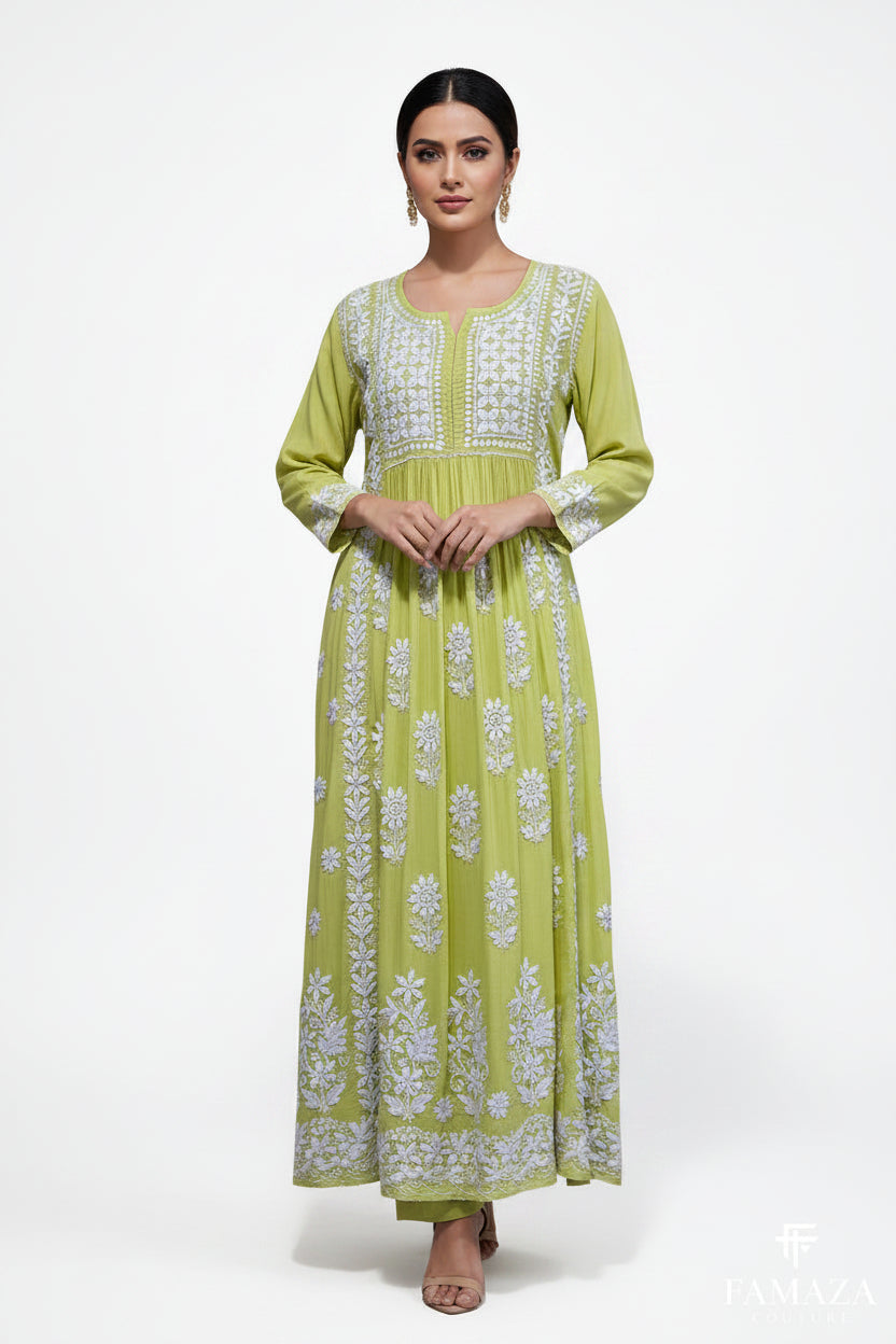 naira cut gown style chikankari kurti top with elegant embroidery lime green